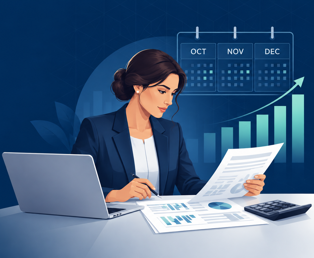 Business owner and financial advisor reviewing year-end tax planning strategies for 2026